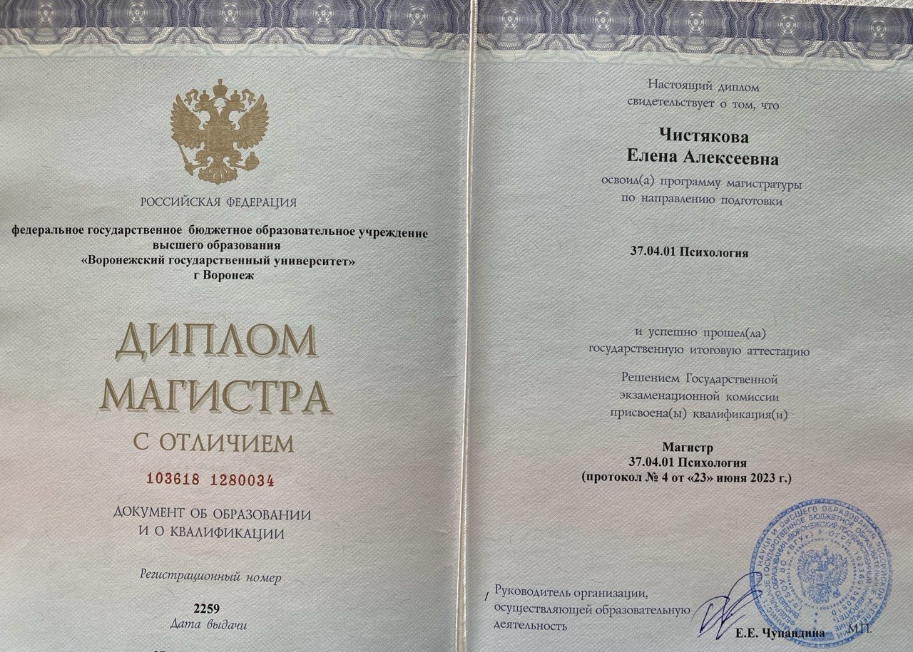 Диплом магистра психологии ВГУ с отличием, Елена Чистякова